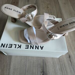 Anne Klein Blush Rose Mid Heel Sandals with Crystal Buckle